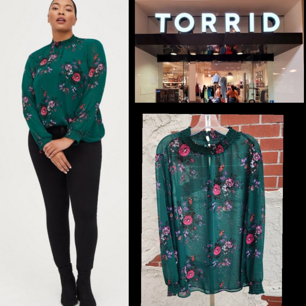 3X TORRID green floral chiffon blouse long sleeve mock smocked neck sheer shirt